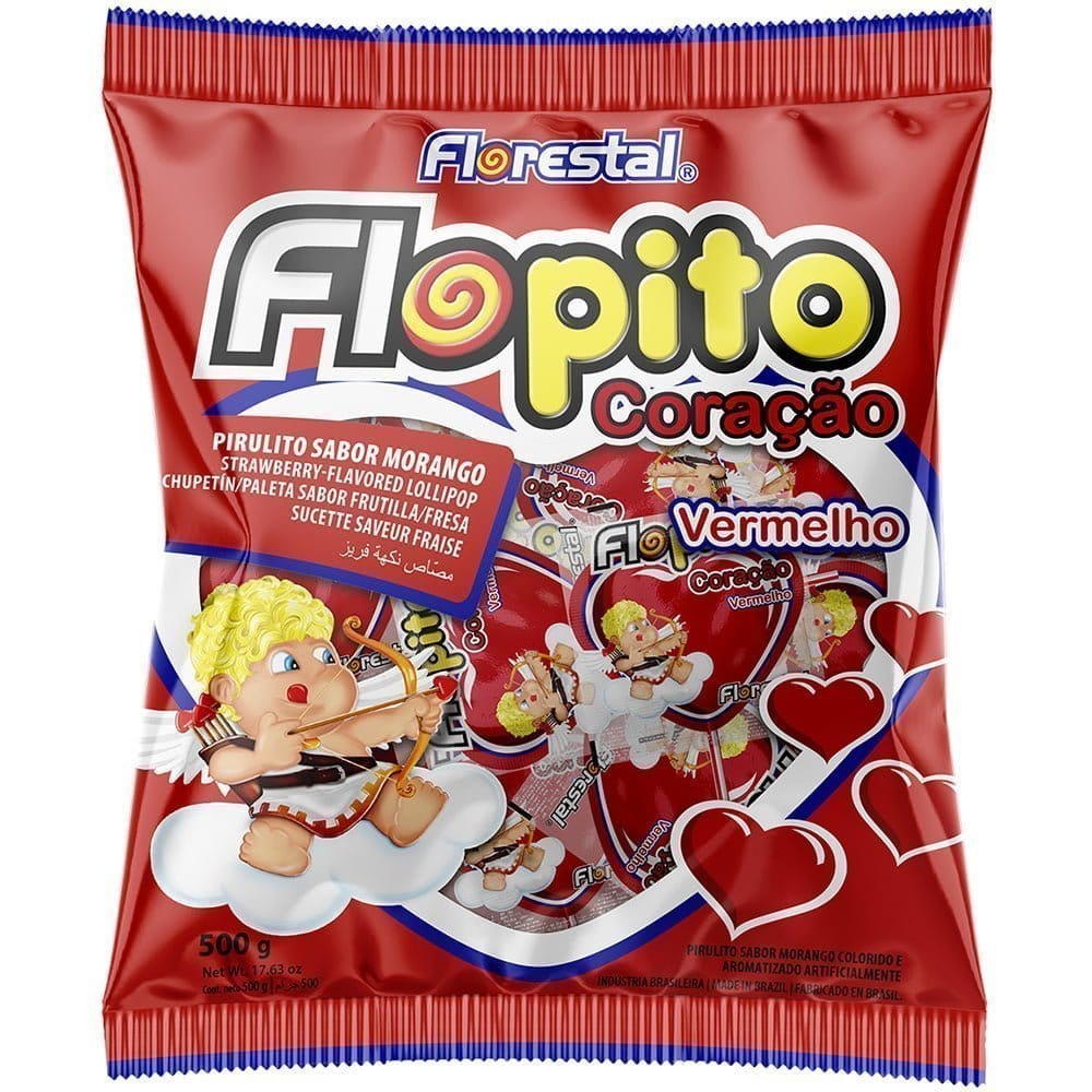 Pirulito Flopito Coração Vermelho Morango Florestal 500g